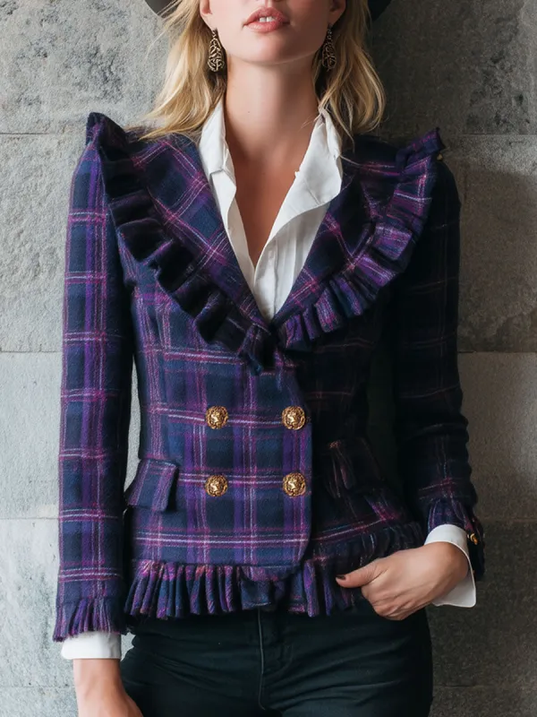 Fashion Western Blue And Purple Retro Plaid Ruffled Wool Jacket sold by Oyrosy