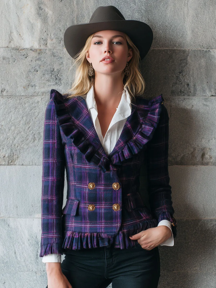 Fashion Western Blue And Purple Retro Plaid Ruffled Wool Jacket sold by Oyrosy product image thumbnail 2