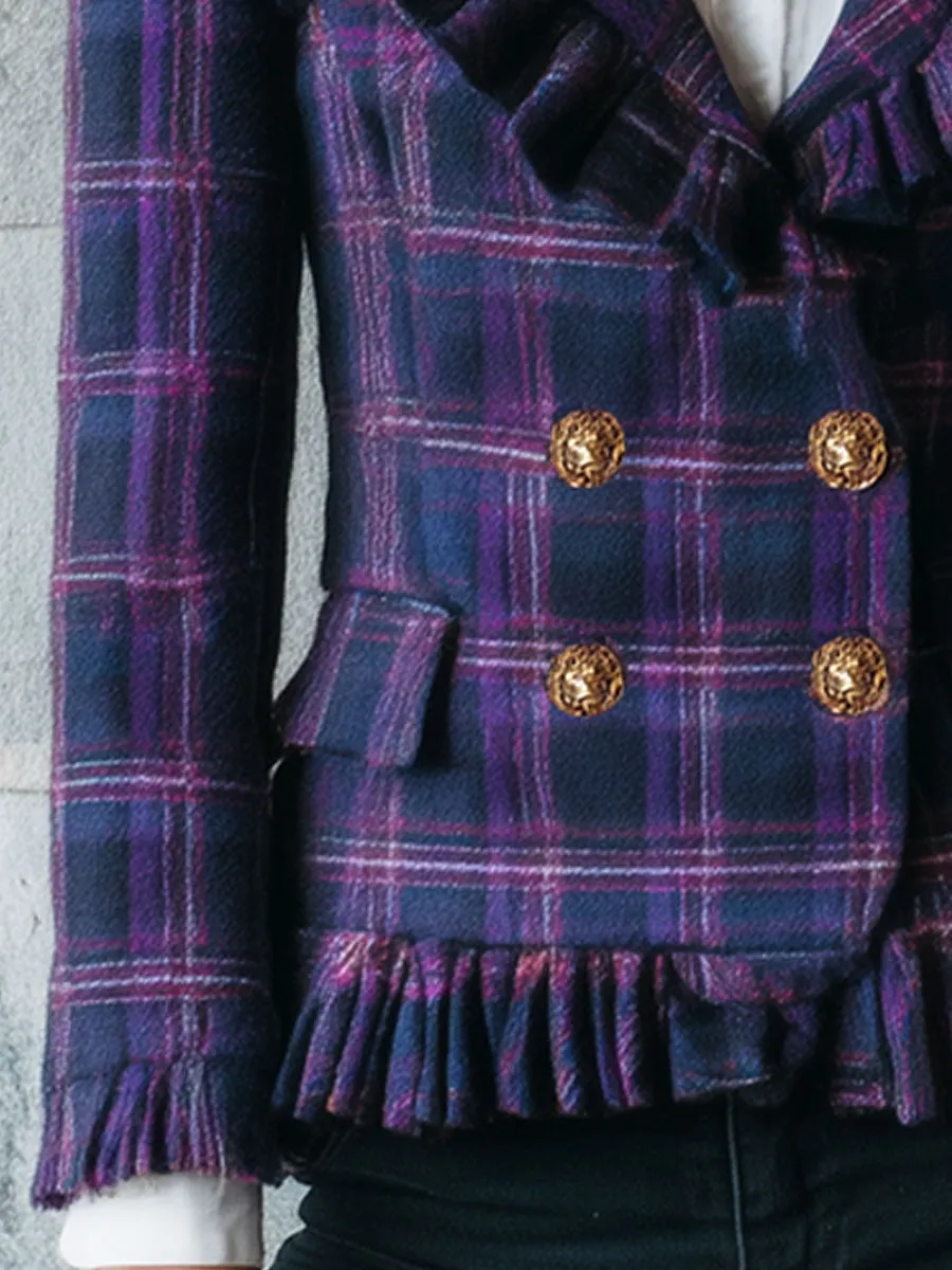 Fashion Western Blue And Purple Retro Plaid Ruffled Wool Jacket sold by Oyrosy product image thumbnail 4
