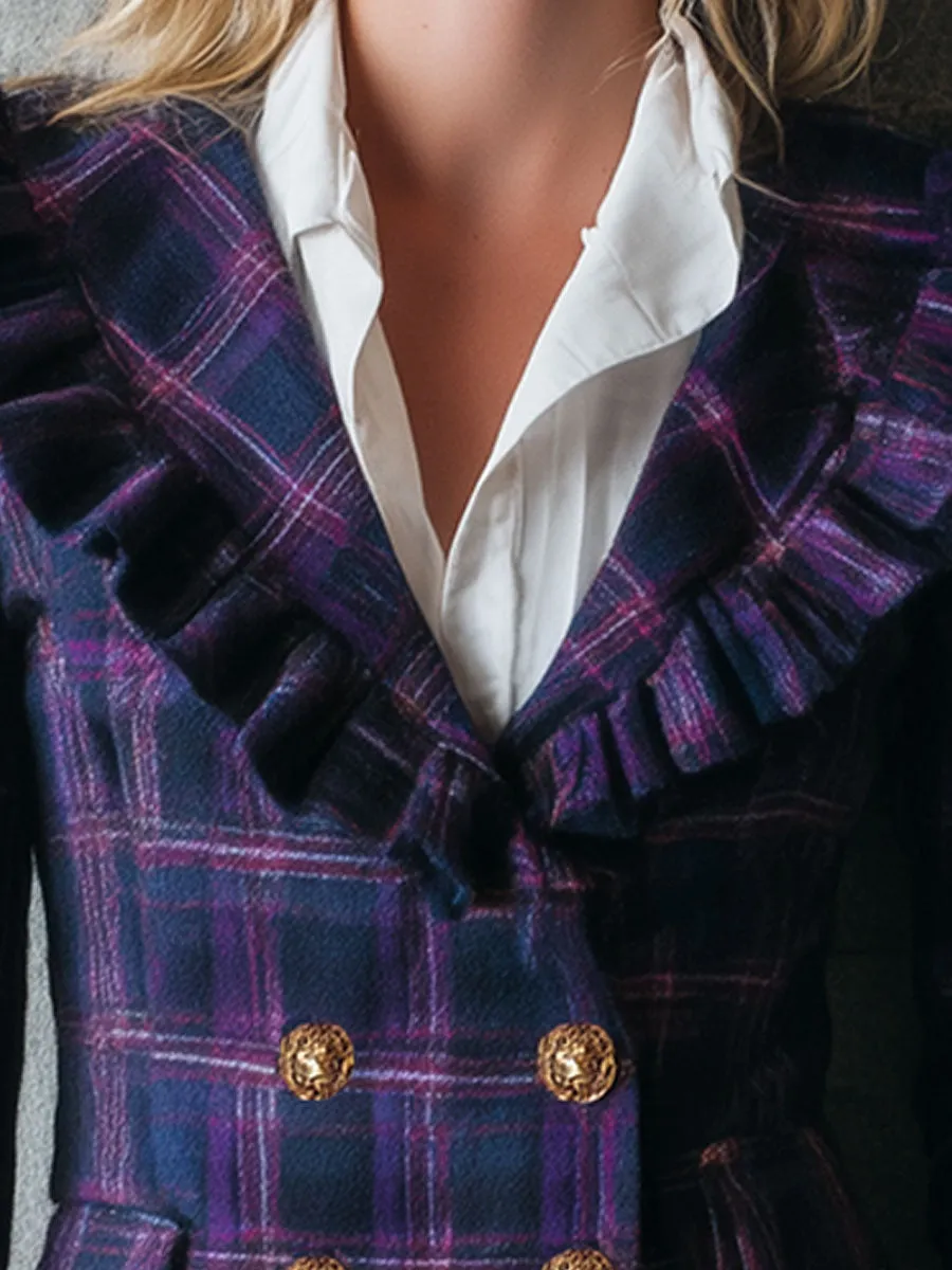 Fashion Western Blue And Purple Retro Plaid Ruffled Wool Jacket sold by Oyrosy product image thumbnail 3