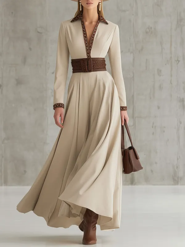 Elegant And Fashionable Beige Lapel Maxi Dress sold by Oyrosy