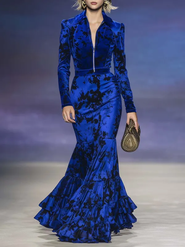 Elegant And Fashionable Retro Lapel Front Zipper Black Ink Floral Print Royal Blue Velvet Maxi Dress sold by Oyrosy