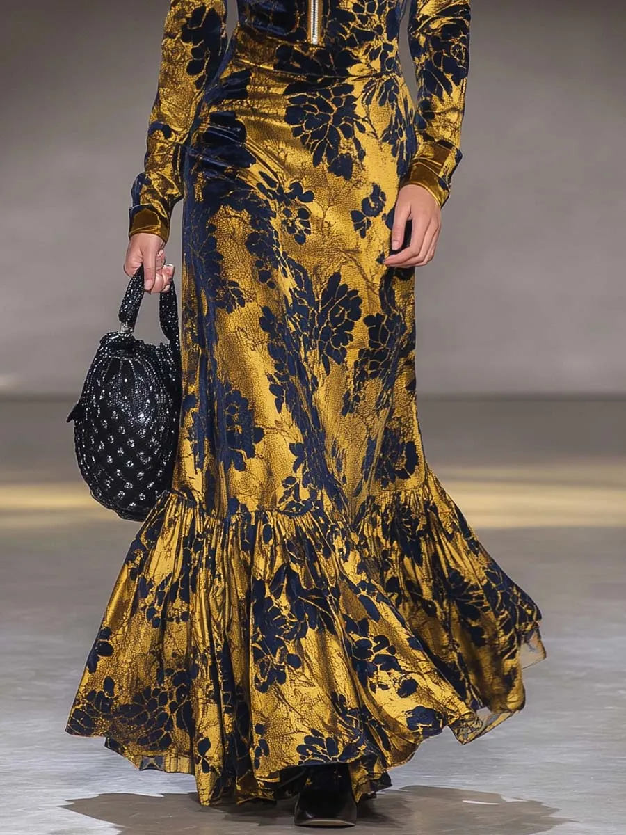 Vintage Exquisite V-neck Front Zipper Black Floral Pattern Gold Velvet Maxi Dress sold by Oyrosy product image thumbnail 4