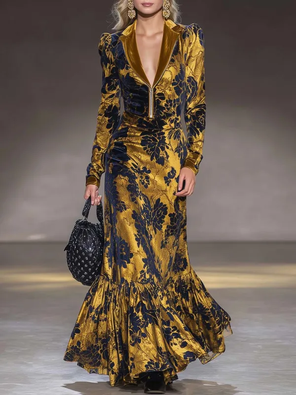 Vintage Exquisite V-neck Front Zipper Black Floral Pattern Gold Velvet Maxi Dress sold by Oyrosy