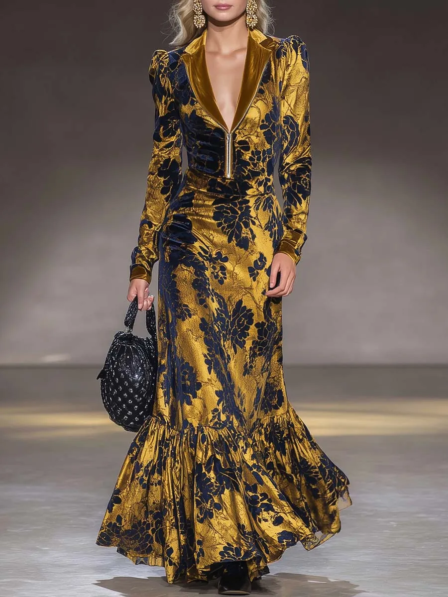 Vintage Exquisite V-neck Front Zipper Black Floral Pattern Gold Velvet Maxi Dress sold by Oyrosy