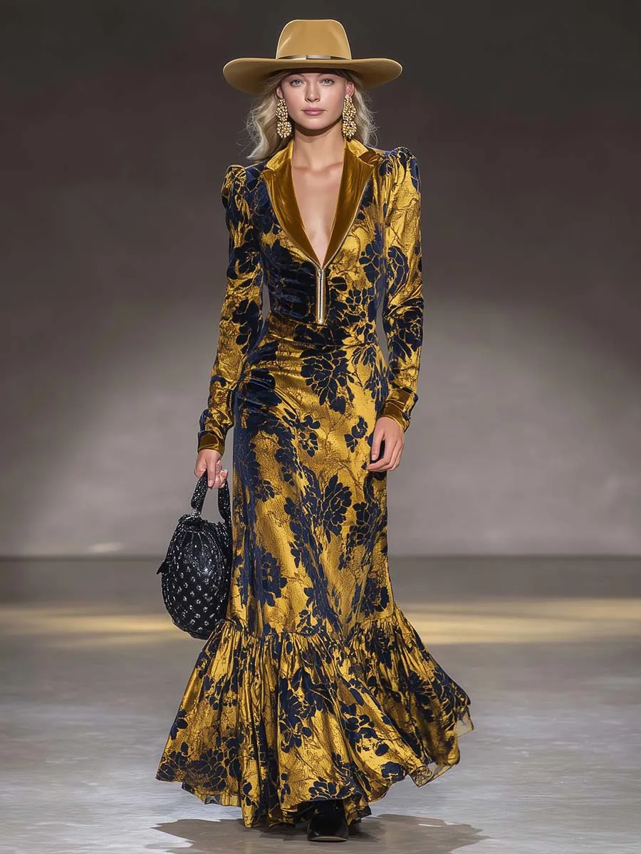 Vintage Exquisite V-neck Front Zipper Black Floral Pattern Gold Velvet Maxi Dress sold by Oyrosy product image thumbnail 2