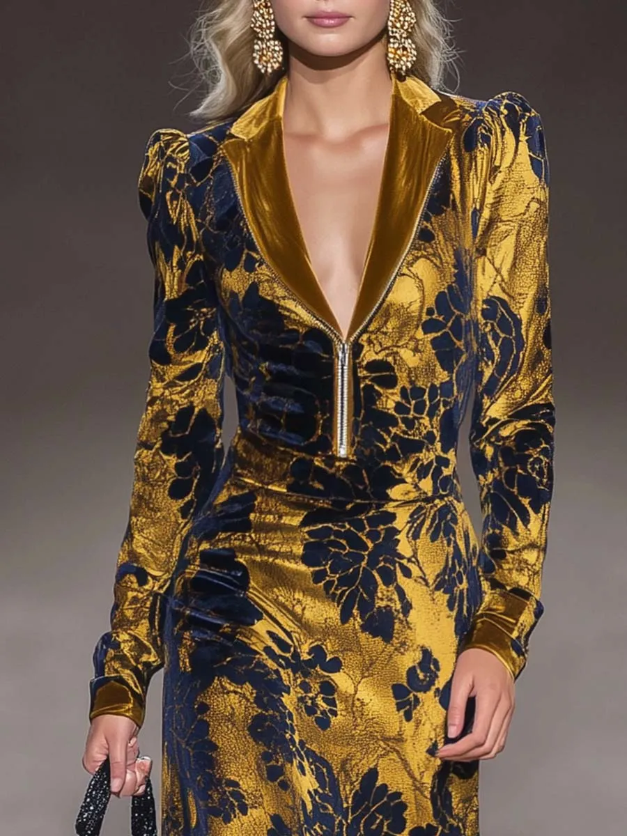 Vintage Exquisite V-neck Front Zipper Black Floral Pattern Gold Velvet Maxi Dress sold by Oyrosy product image thumbnail 3