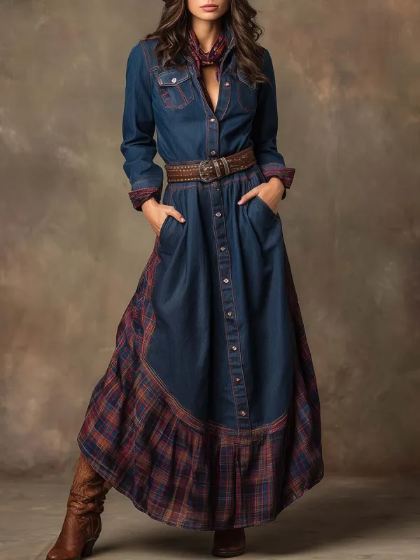 Vintage Western Ethnic Style Lapel Front Button Plaid Patchwork Denim Maxi Dress sold by Oyrosy