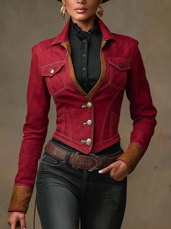 Vintage Western Brown Suede Trim Red Denim Jacket sold by Oyrosy