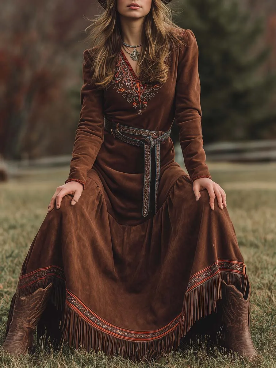 Vintage Western Ethnic Style V-neck Embroidery Trim Brown Suede Tassel Maxi Dress sold by Oyrosy