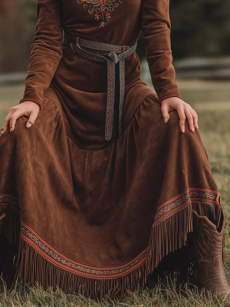 Vintage Western Ethnic Style V-neck Embroidery Trim Brown Suede Tassel Maxi Dress sold by Oyrosy product image thumbnail 4