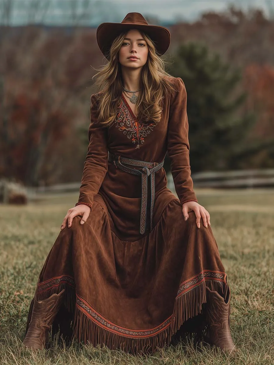 Vintage Western Ethnic Style V-neck Embroidery Trim Brown Suede Tassel Maxi Dress sold by Oyrosy product image thumbnail 2