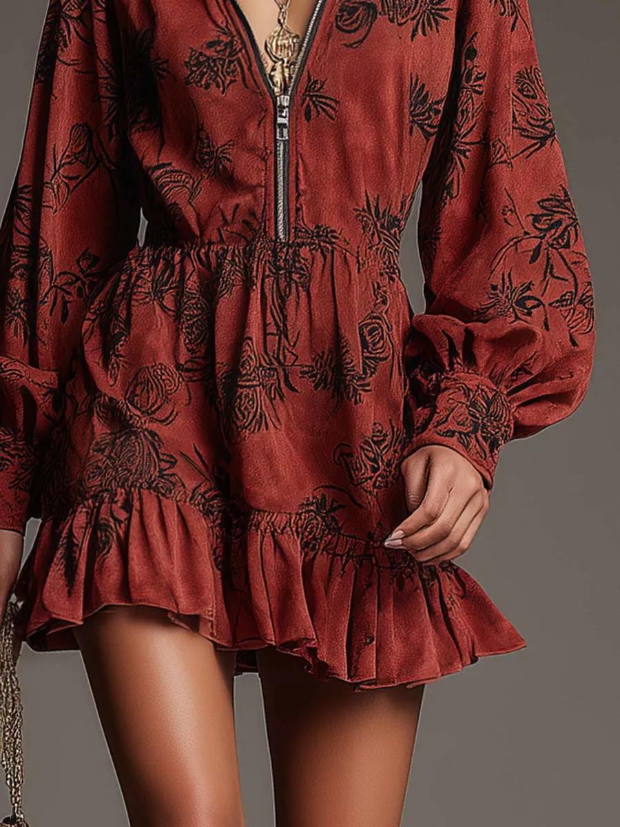 Vintage Exquisite Lapel Front Zipper Black Floral Print Bubble Hem Red Suede Mini Dress sold by Oyrosy product image thumbnail 4