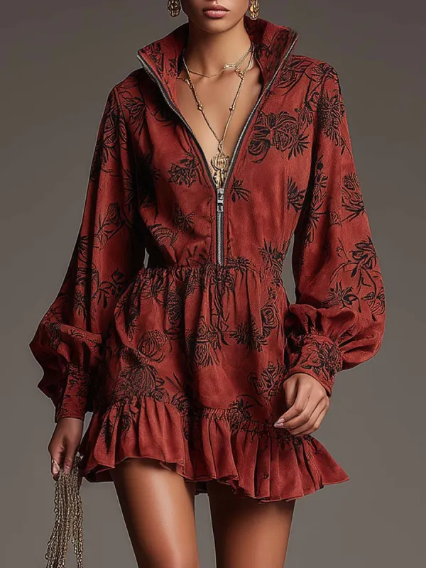 Vintage Exquisite Lapel Front Zipper Black Floral Print Bubble Hem Red Suede Mini Dress sold by Oyrosy