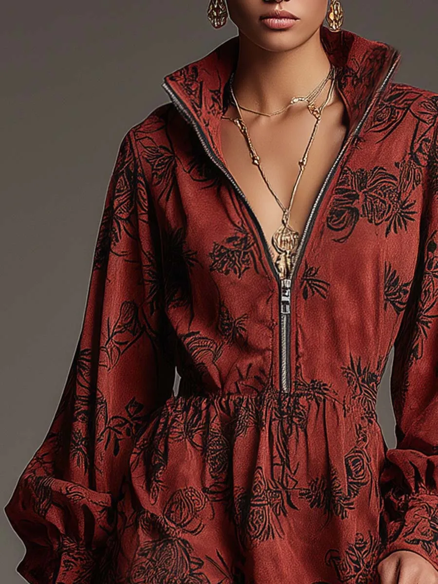 Vintage Exquisite Lapel Front Zipper Black Floral Print Bubble Hem Red Suede Mini Dress sold by Oyrosy product image thumbnail 3