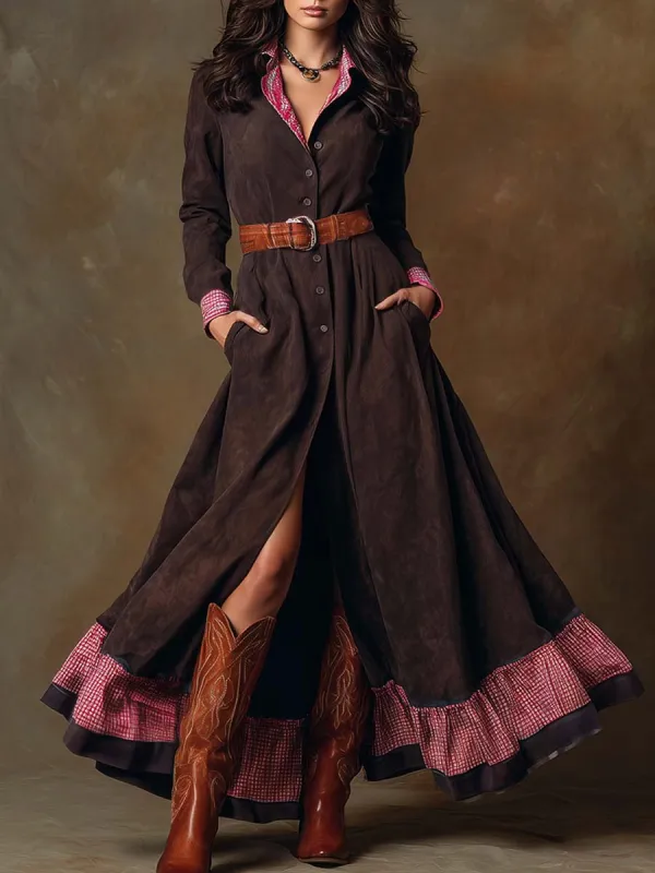 Retro Western Ethnic Style V-neck Front Button Pink Plaid Trim Brown Suede Maxi Dress sold by Oyrosy