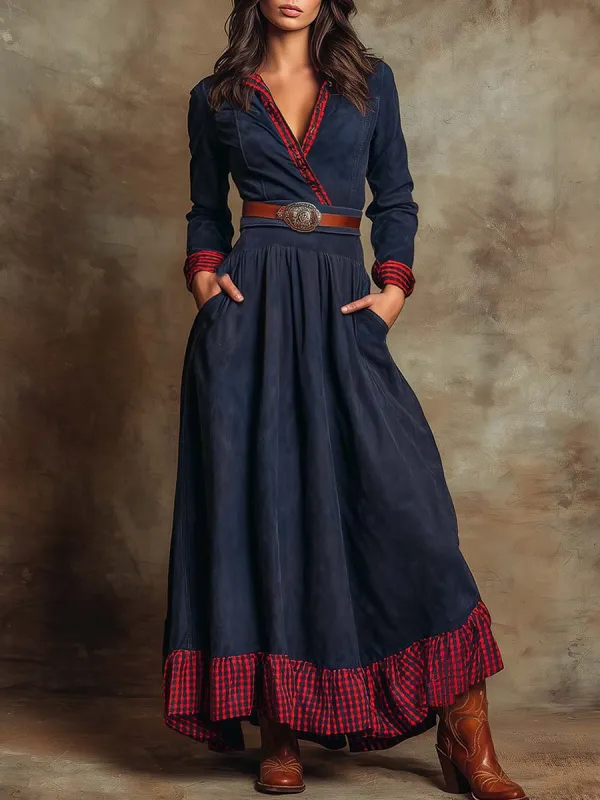 Retro Western Ethnic Style V-neck Red Plaid Trim Dark Blue Suede Maxi Dress sold by Oyrosy