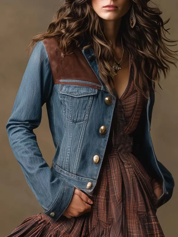 Vintage Western Exquisite Versatile Suede Patchwork Denim Jacket sold by Oyrosy