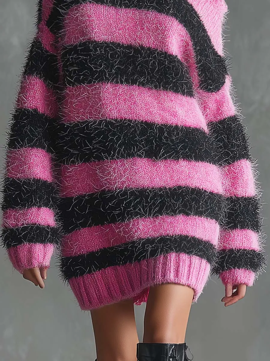 Fashionable And Comfortable Off-the-shoulder Black And Pink Striped Contrast Knitted Mini Dress sold by Oyrosy product image thumbnail 4