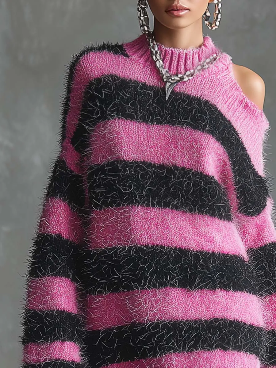 Fashionable And Comfortable Off-the-shoulder Black And Pink Striped Contrast Knitted Mini Dress sold by Oyrosy product image thumbnail 3