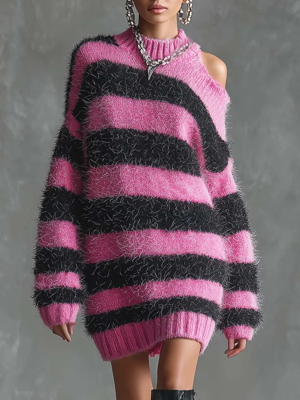 Fashionable And Comfortable Off-the-shoulder Black And Pink Striped Contrast Knitted Mini Dress sold by Oyrosy