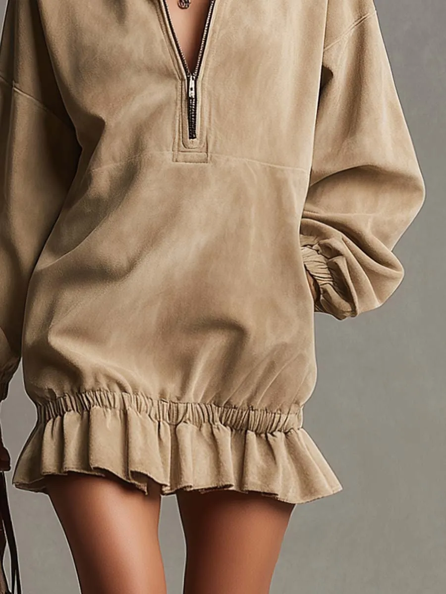 Vintage Casual Leopard Print Lapel Front Zipper Bubble Hem Beige Suede Mini Dress sold by Oyrosy product image thumbnail 4