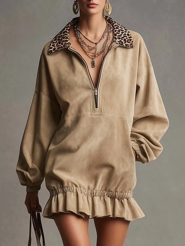 Vintage Casual Leopard Print Lapel Front Zipper Bubble Hem Beige Suede Mini Dress sold by Oyrosy
