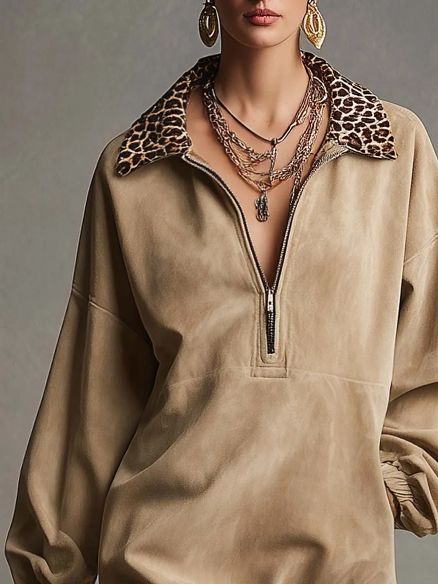 Vintage Casual Leopard Print Lapel Front Zipper Bubble Hem Beige Suede Mini Dress sold by Oyrosy product image thumbnail 3