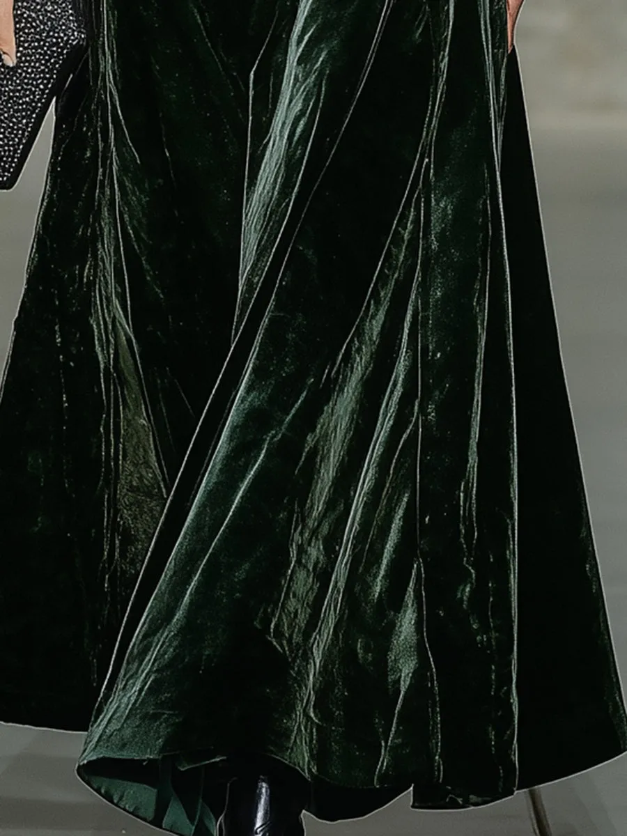 Elegant Emerald Velvet Square Neck Spliced diamond Chain Maxi Dress sold by Oyrosy product image thumbnail 4