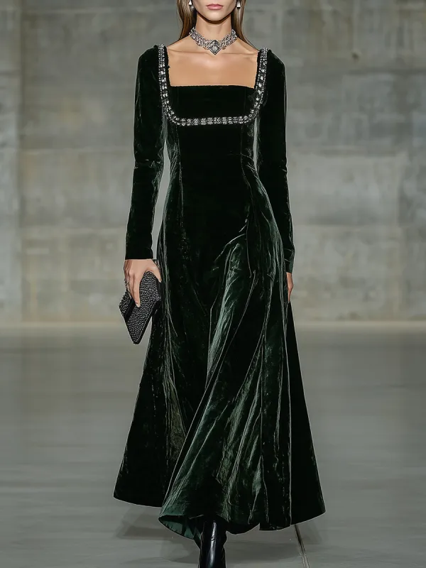 Elegant Emerald Velvet Square Neck Spliced diamond Chain Maxi Dress sold by Oyrosy