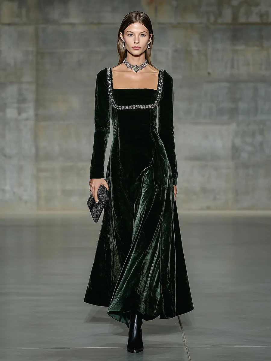 Elegant Emerald Velvet Square Neck Spliced diamond Chain Maxi Dress sold by Oyrosy product image thumbnail 2