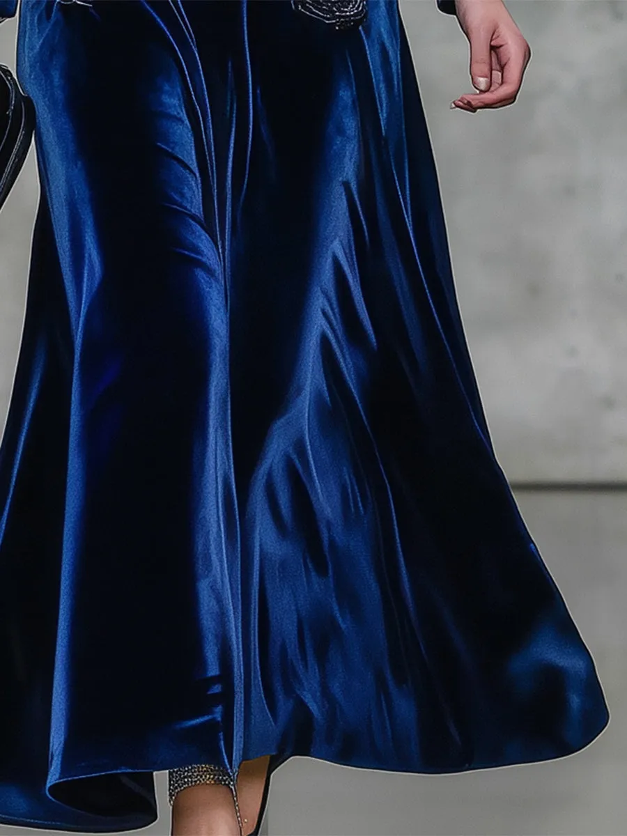 Elegant Sapphire Blue Velvet Maxi Dress With Rose Embroidery sold by Oyrosy product image thumbnail 4