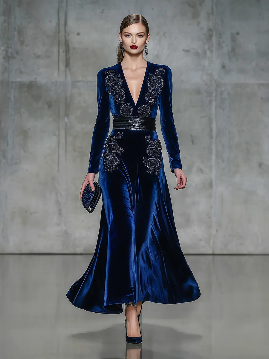 Elegant Sapphire Blue Velvet Maxi Dress With Rose Embroidery sold by Oyrosy product image thumbnail 2