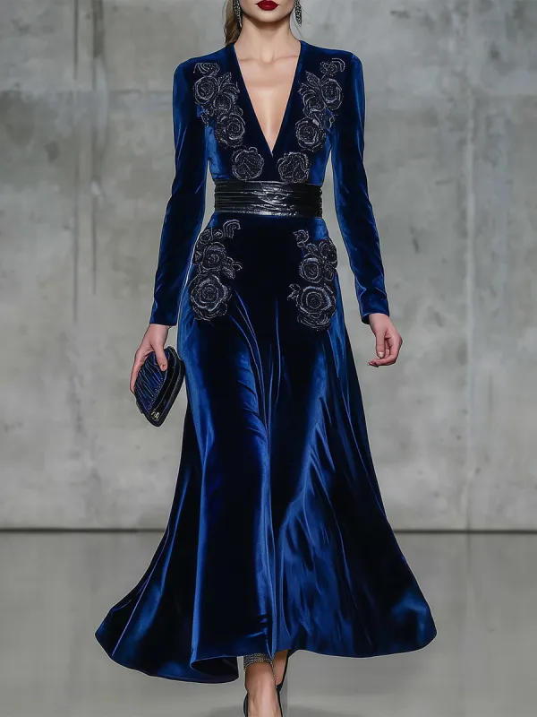Elegant Sapphire Blue Velvet Maxi Dress With Rose Embroidery sold by Oyrosy
