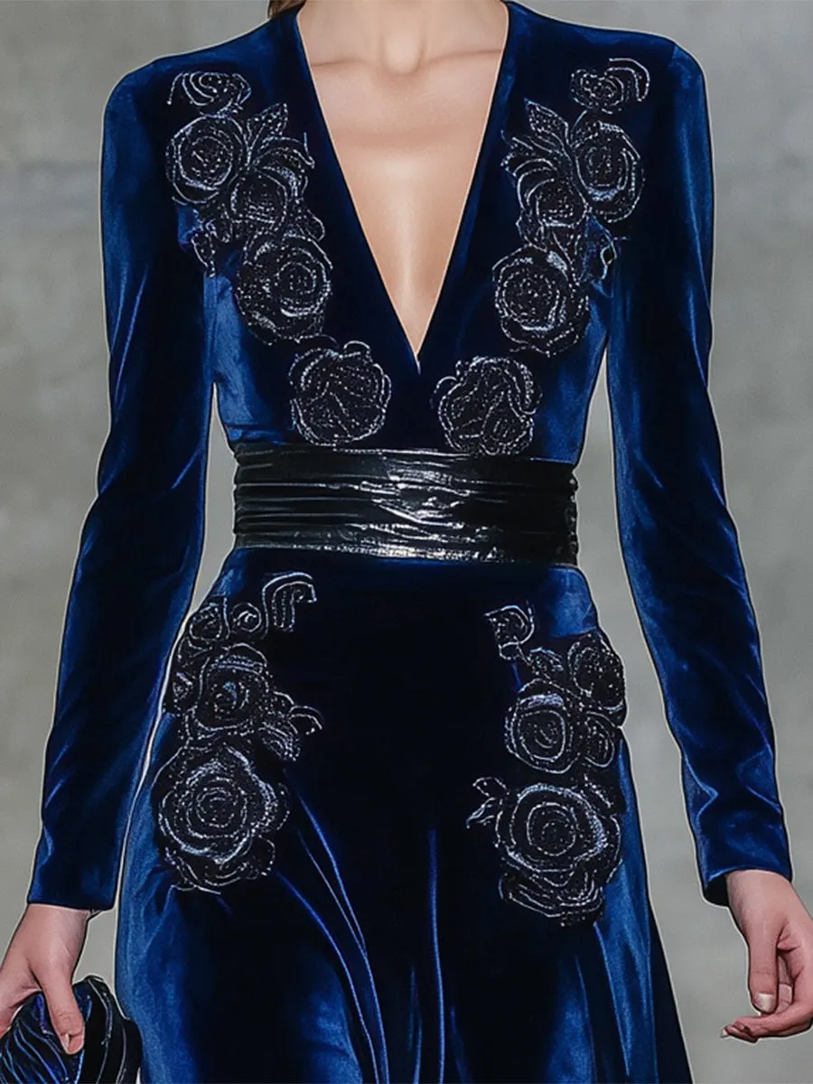 Elegant Sapphire Blue Velvet Maxi Dress With Rose Embroidery sold by Oyrosy product image thumbnail 3