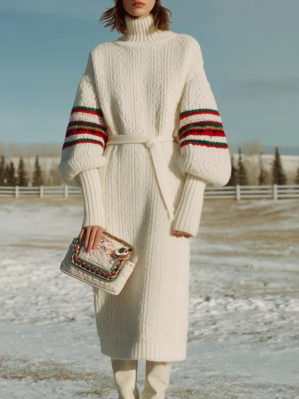 White Turtleneck Splicing Red And Green Contrast Maxi Sweater Dress sold by Oyrosy