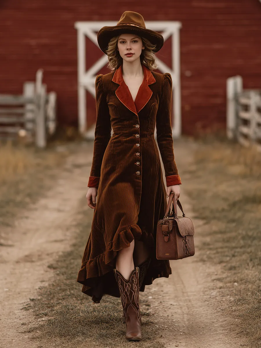 Brown Corduroy Splicing With Red Buttons Irregular Skirt Midi Dress sold by Oyrosy product image thumbnail 2