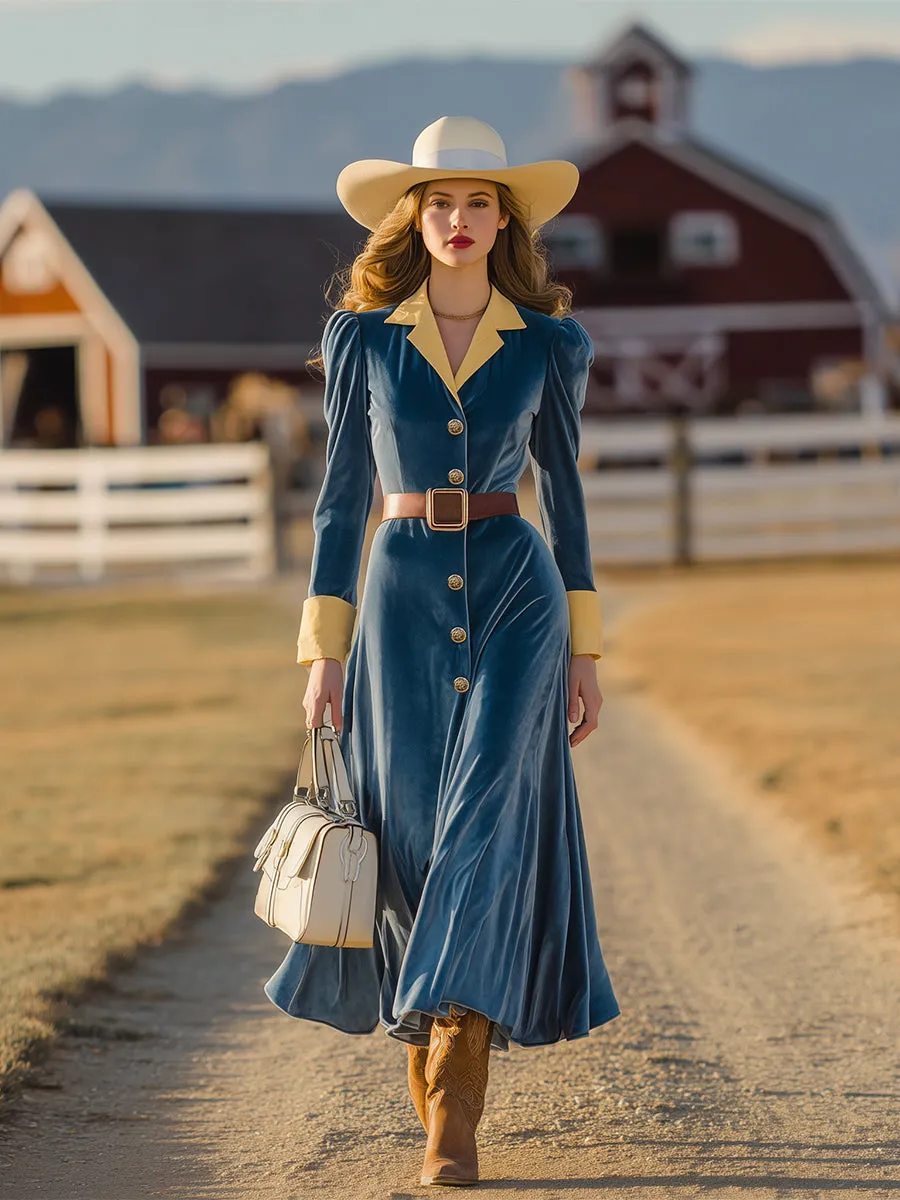 Western Blue Faux Suede Stitching With Yellow Button Fastening Midi Dress sold by Oyrosy product image thumbnail 2
