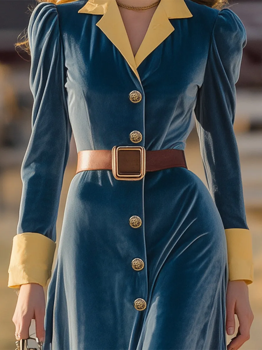 Western Blue Faux Suede Stitching With Yellow Button Fastening Midi Dress sold by Oyrosy product image thumbnail 3