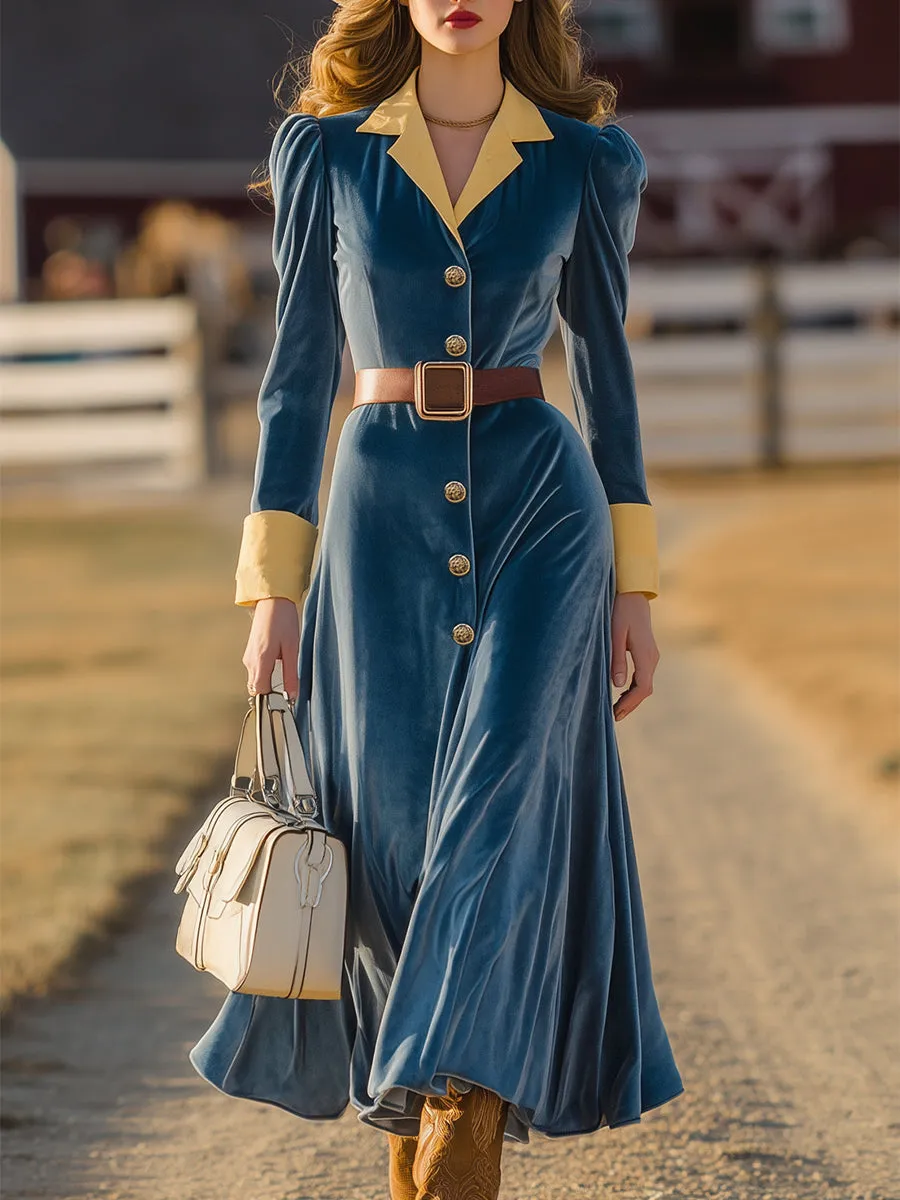 Western Blue Faux Suede Stitching With Yellow Button Fastening Midi Dress sold by Oyrosy