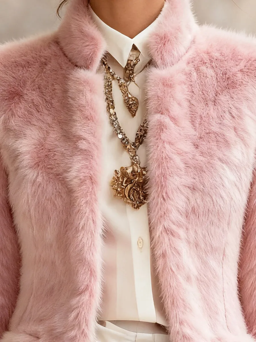Elegant Pink Faux Rabbit Fur Round Neck Pocket Jacket sold by Oyrosy product image thumbnail 3