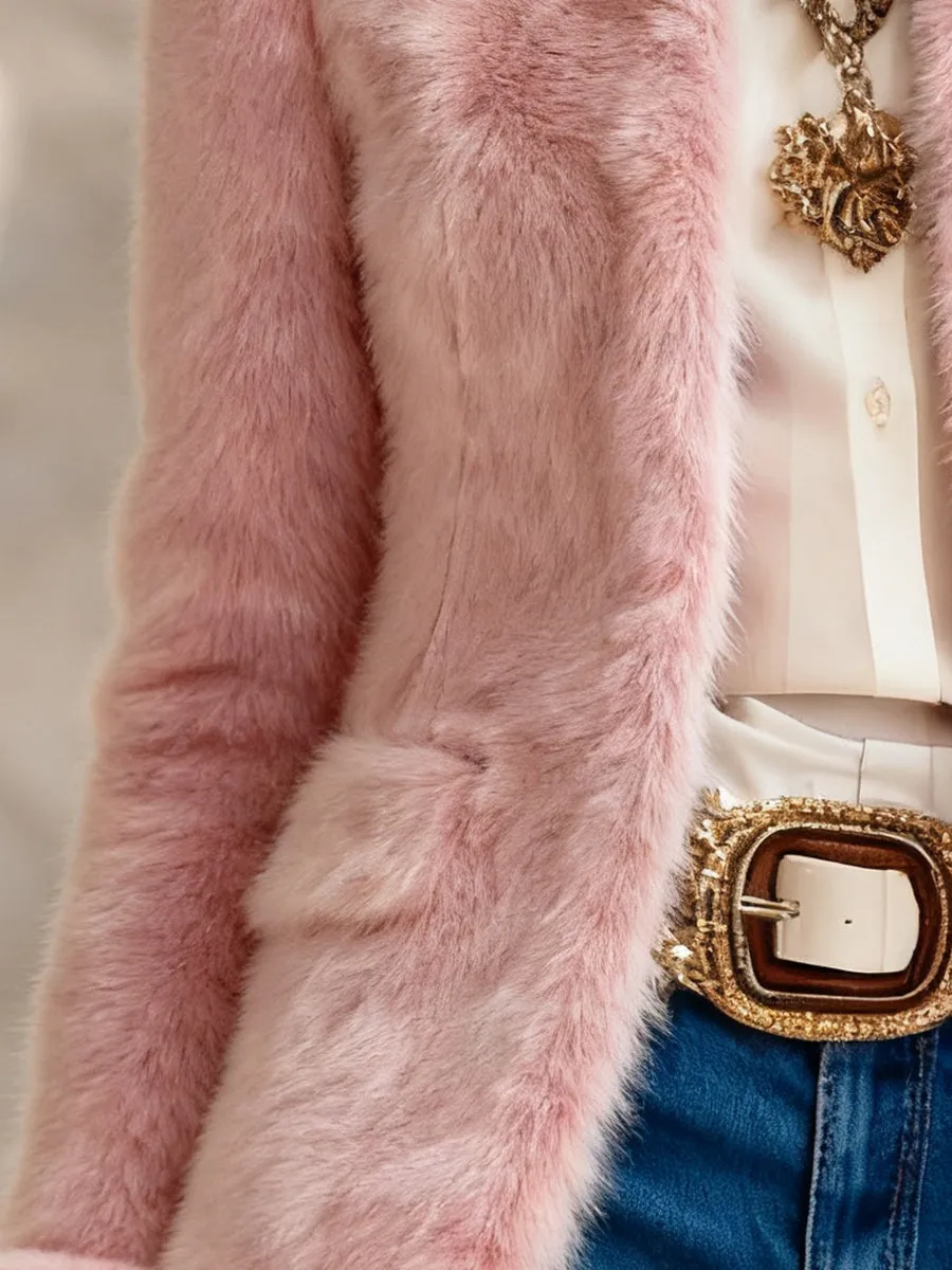 Elegant Pink Faux Rabbit Fur Round Neck Pocket Jacket sold by Oyrosy product image thumbnail 4