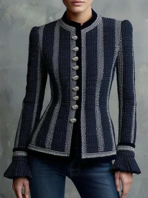 Fashionable Tweed Round Neck Splicing Web Button Jacket sold by Oyrosy