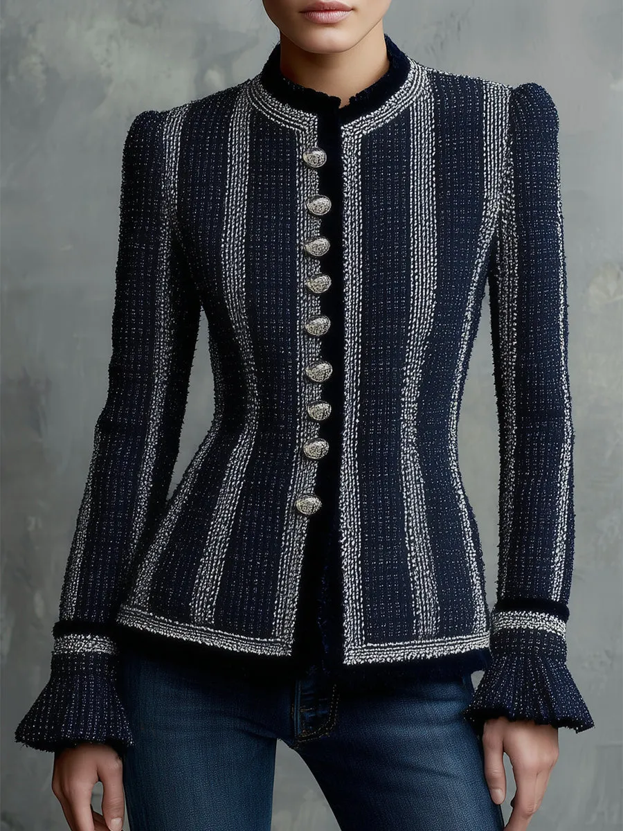 Fashionable Tweed Round Neck Splicing Web Button Jacket sold by Oyrosy