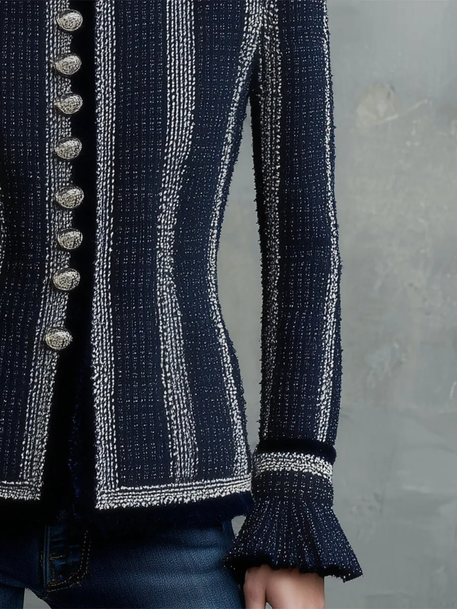 Fashionable Tweed Round Neck Splicing Web Button Jacket sold by Oyrosy product image thumbnail 4