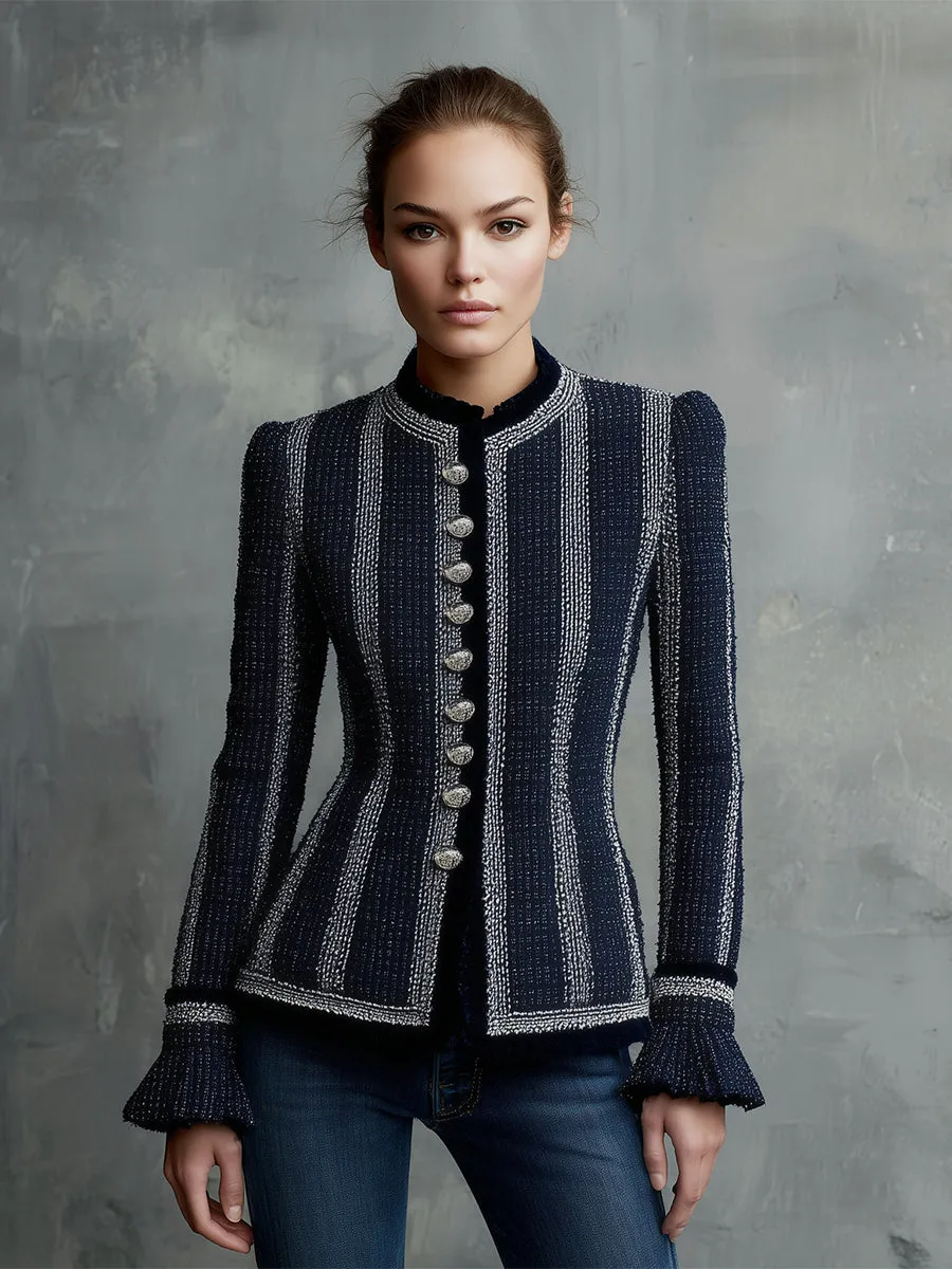 Fashionable Tweed Round Neck Splicing Web Button Jacket sold by Oyrosy product image thumbnail 2