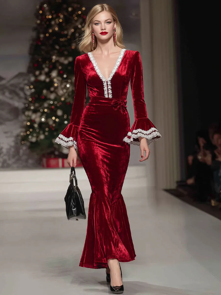 V-neck White Lace Trumpet Sleeve Velvet Maxi Dress sold by Oyrosy product image thumbnail 4