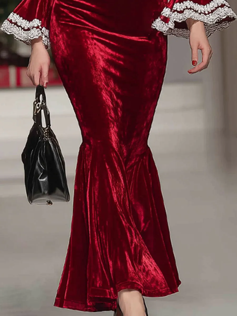 V-neck White Lace Trumpet Sleeve Velvet Maxi Dress sold by Oyrosy product image thumbnail 3