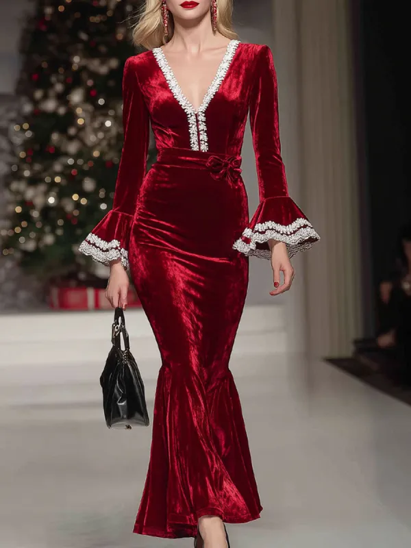 V-neck White Lace Trumpet Sleeve Velvet Maxi Dress sold by Oyrosy