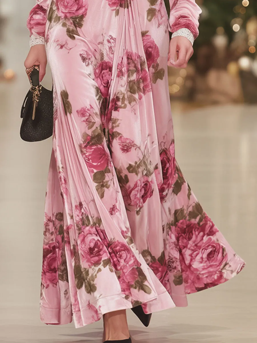 V-neck Rose Print Velvet Lace Maxi Dress sold by Oyrosy product image thumbnail 3